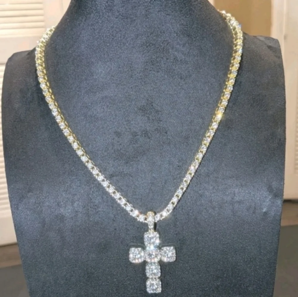 14k Yellow Gold Plated Lab Created Diamond Cross Pendant Tennis Necklace
